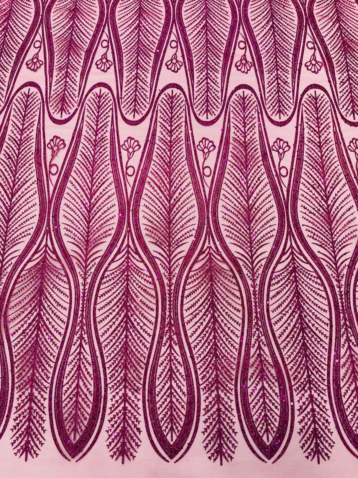 Glitter Feather Design Polyester Fabric - Glitter Feather Pattern, 52-54" Width (1 Yard)