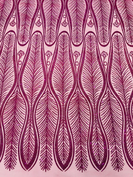 Glitter Feather Design Polyester Fabric - Glitter Feather Pattern, 52-54" Width (1 Yard)