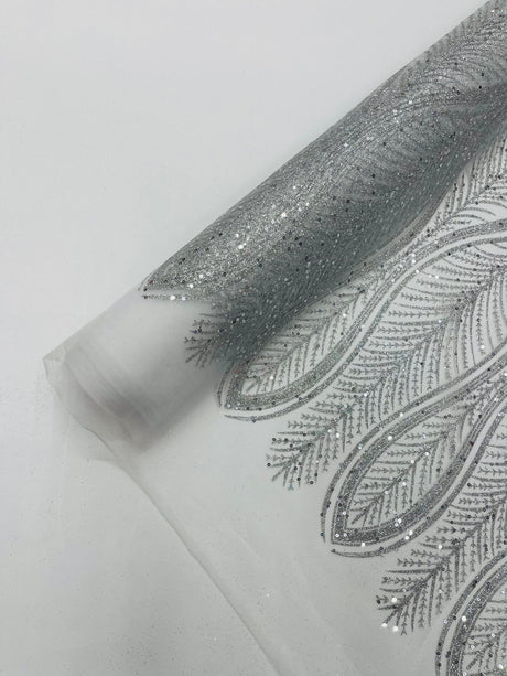Glitter Feather Design Polyester Fabric - Glitter Feather Pattern, 52-54" Width (1 Yard)