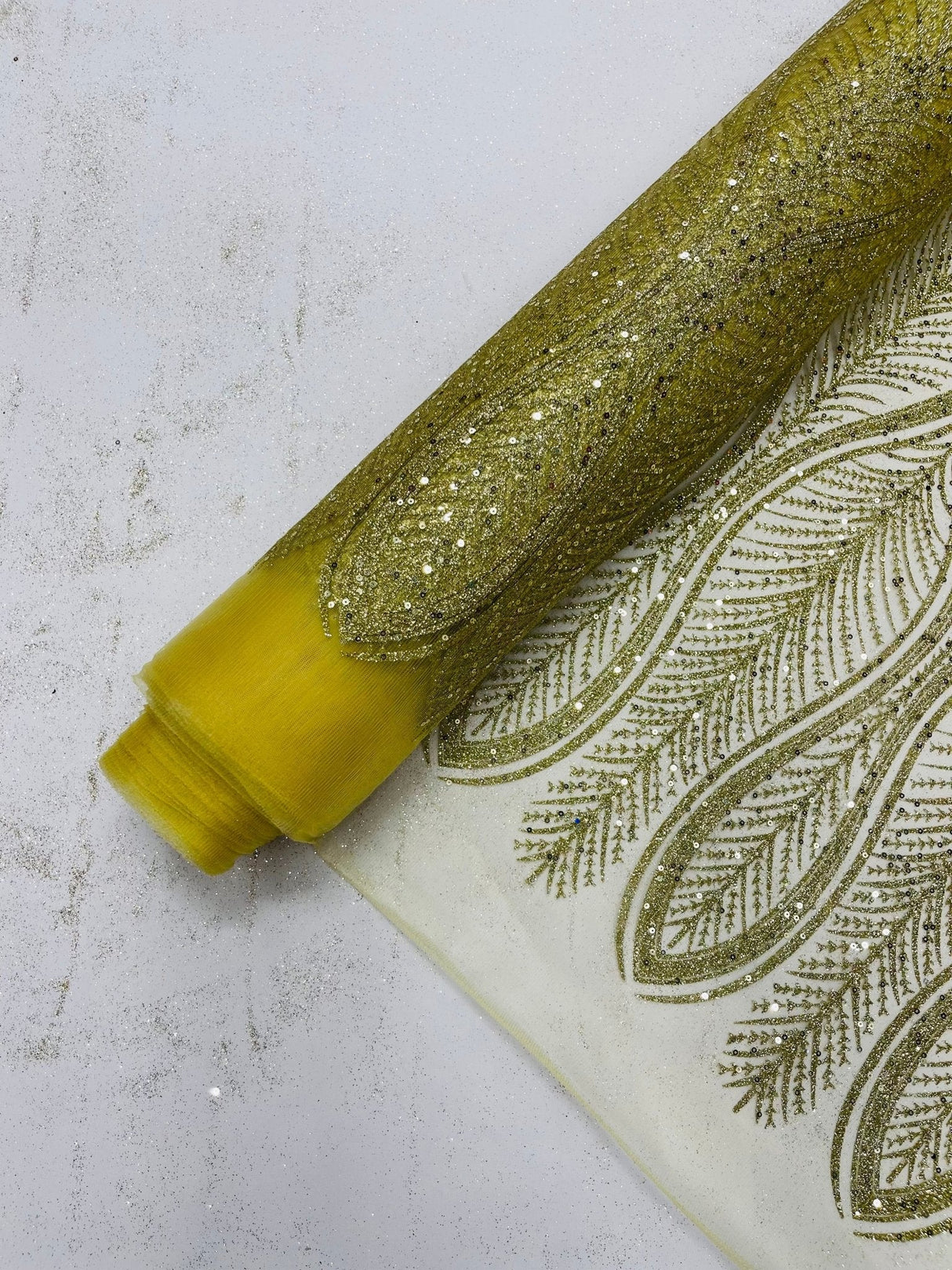 Glitter Feather Design Polyester Fabric - Glitter Feather Pattern, 52-54" Width (1 Yard)