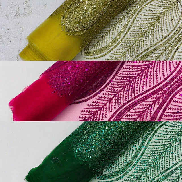 Glitter Feather Design Polyester Fabric - Glitter Feather Pattern, 52-54" Width (1 Yard)