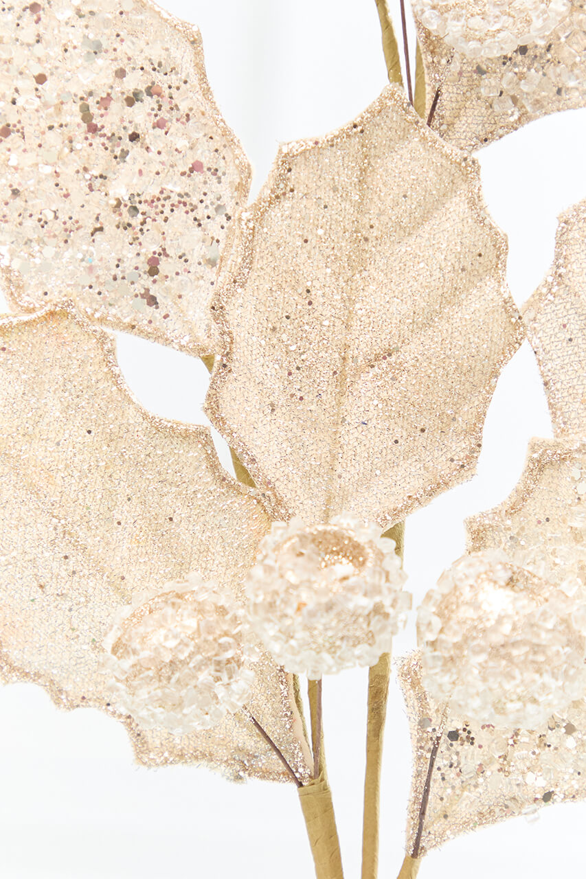 27" Champagne Glitter Berry Leaf Spray