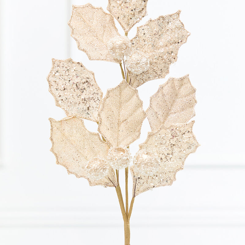 27" Champagne Glitter Berry Leaf Spray