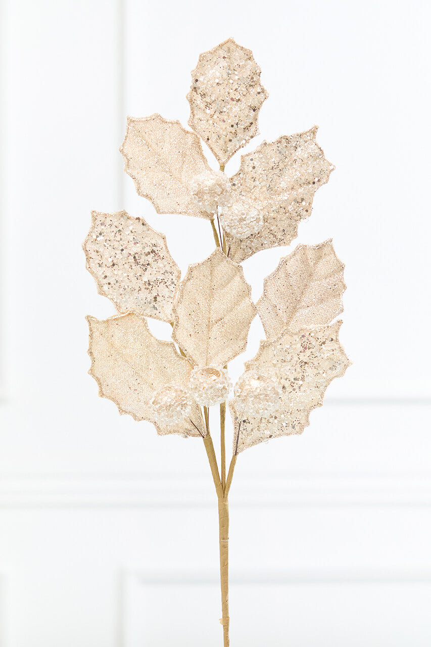 27" Champagne Glitter Berry Leaf Spray