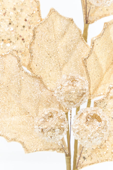 27" Gold Glitter Berry Leaf Spray