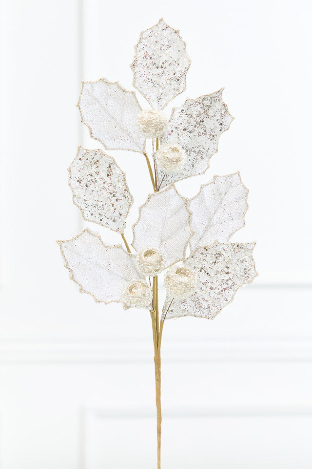 27" Platinum Glitter Berry Leaf Spray