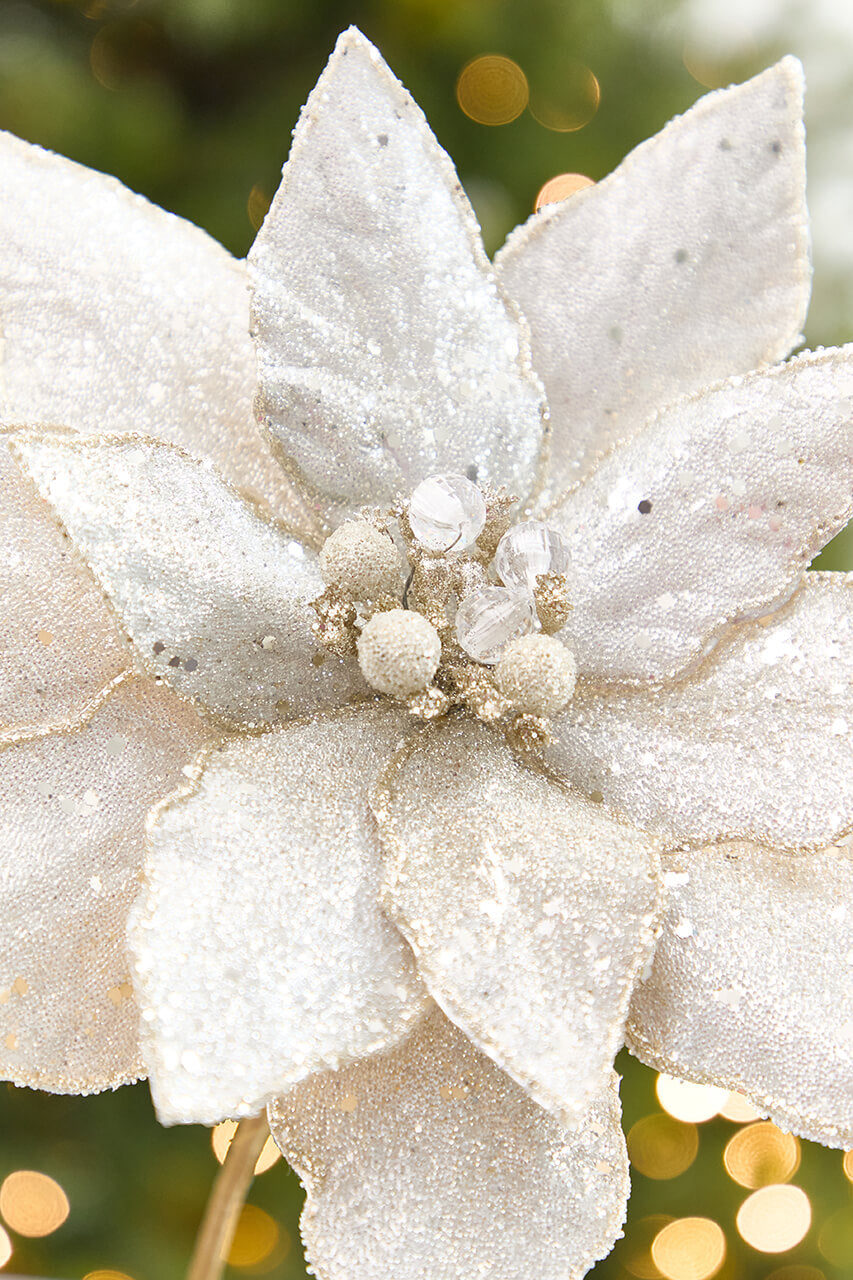 21" x 10.5" Platinum Glitter Poinsettia Stem