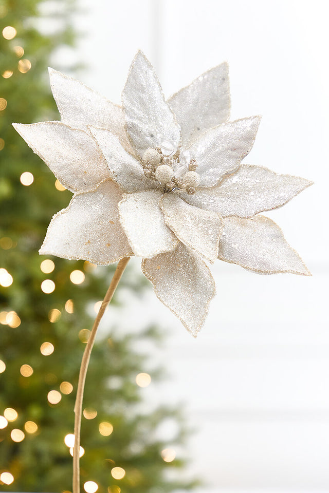 21" x 10.5" Platinum Glitter Poinsettia Stem