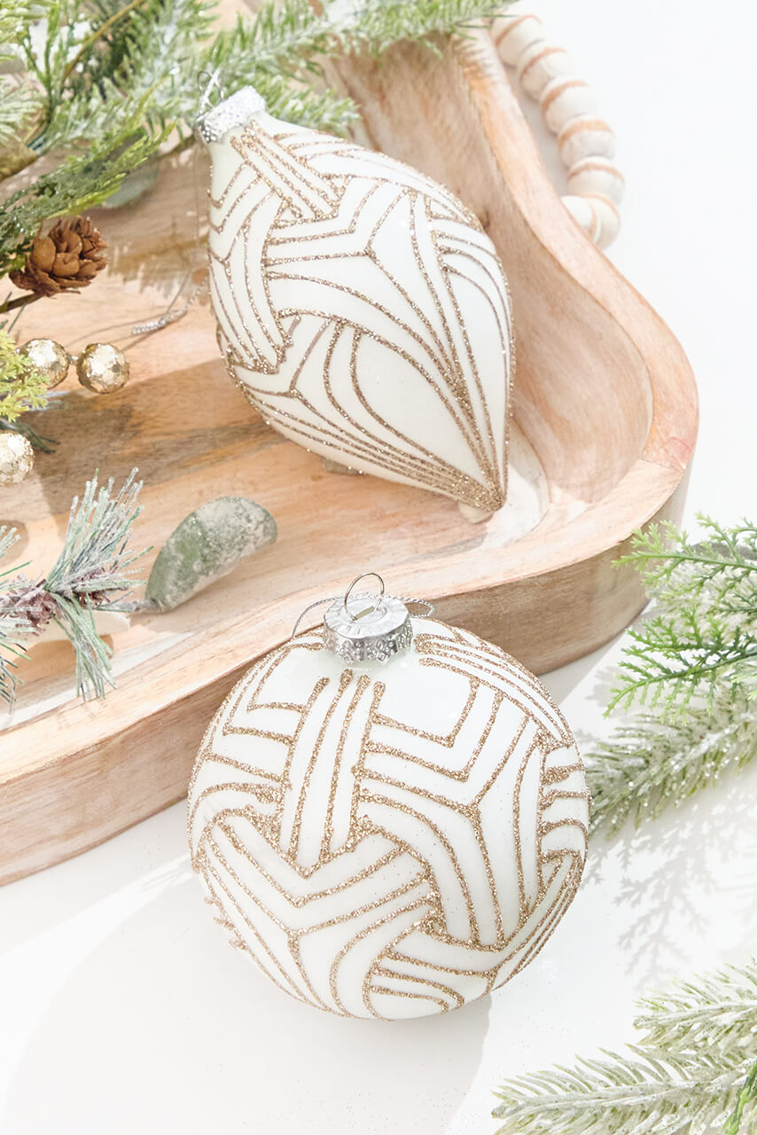 5" - 6" White With Champagne Glitter Art Deco Glass Ornament