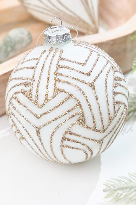 5" - 6" White With Champagne Glitter Art Deco Glass Ornament