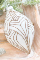 5" - 6" White With Champagne Glitter Art Deco Glass Ornament