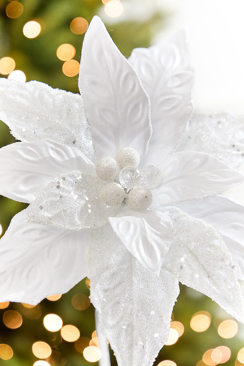 24" x 10" White Glitter Edge & Bead Poinsettia Stem