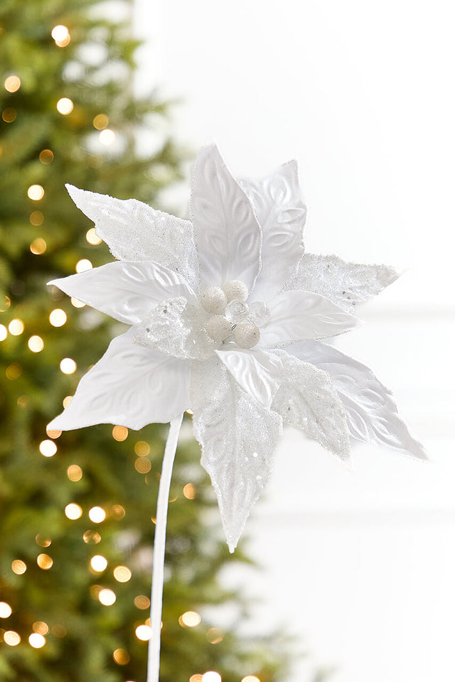 24" x 10" White Glitter Edge & Bead Poinsettia Stem