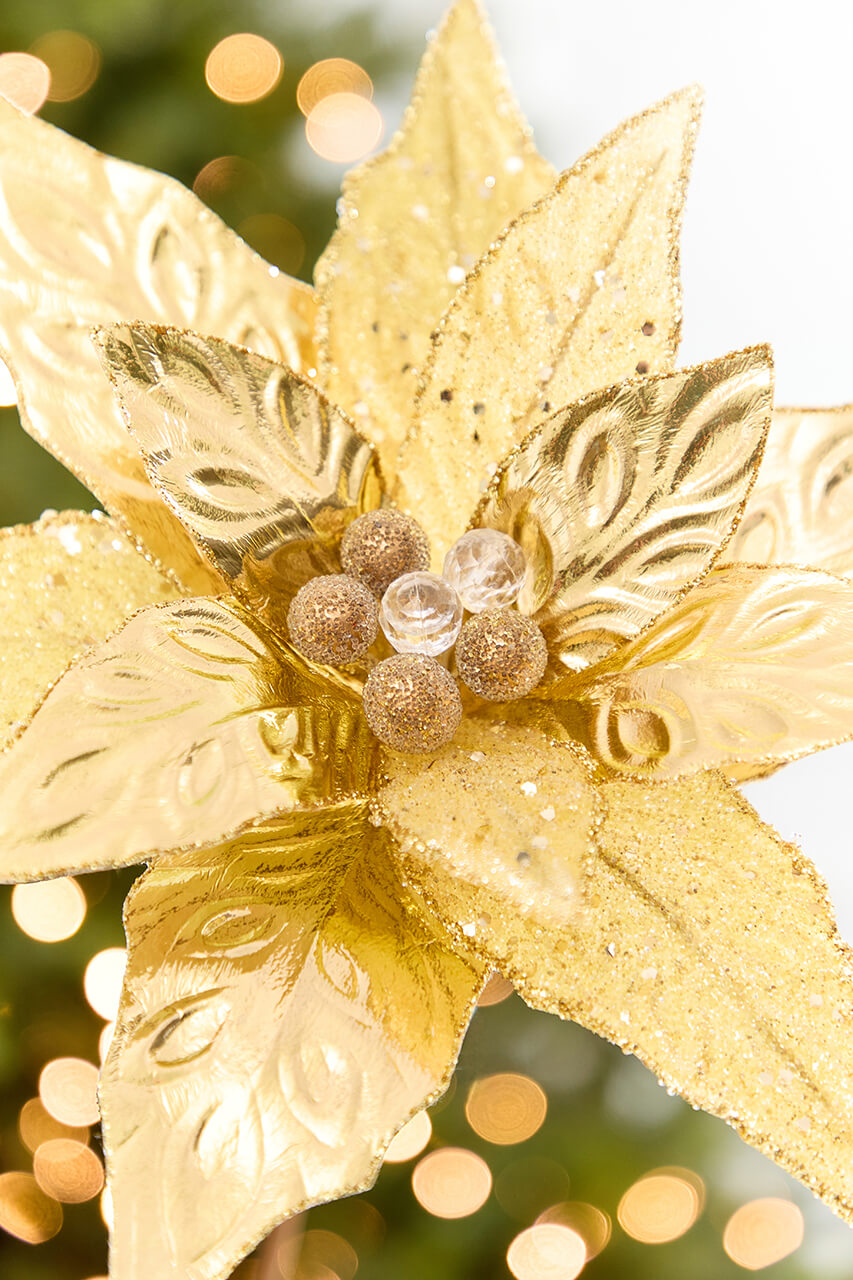 24" x 10" Gold Glitter Edge & Bead Poinsettia Stem