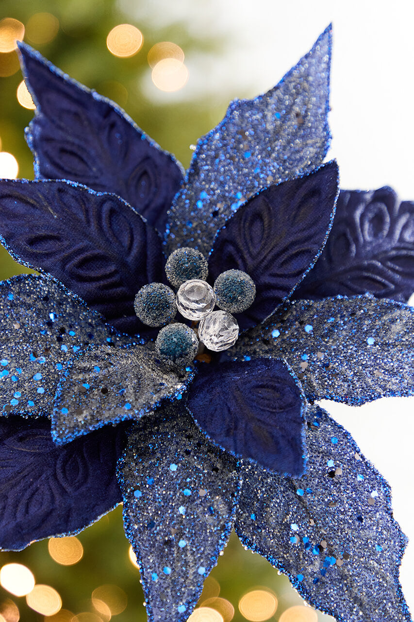 24" x 10" Navy Glitter Edge & Bead Poinsettia Stem