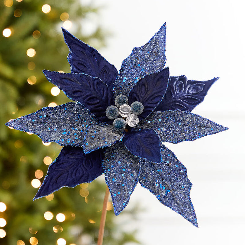 24" x 10" Navy Glitter Edge & Bead Poinsettia Stem