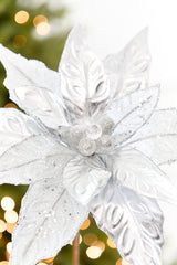 24" x 10" Silver Glitter Edge & Bead Poinsettia Stem