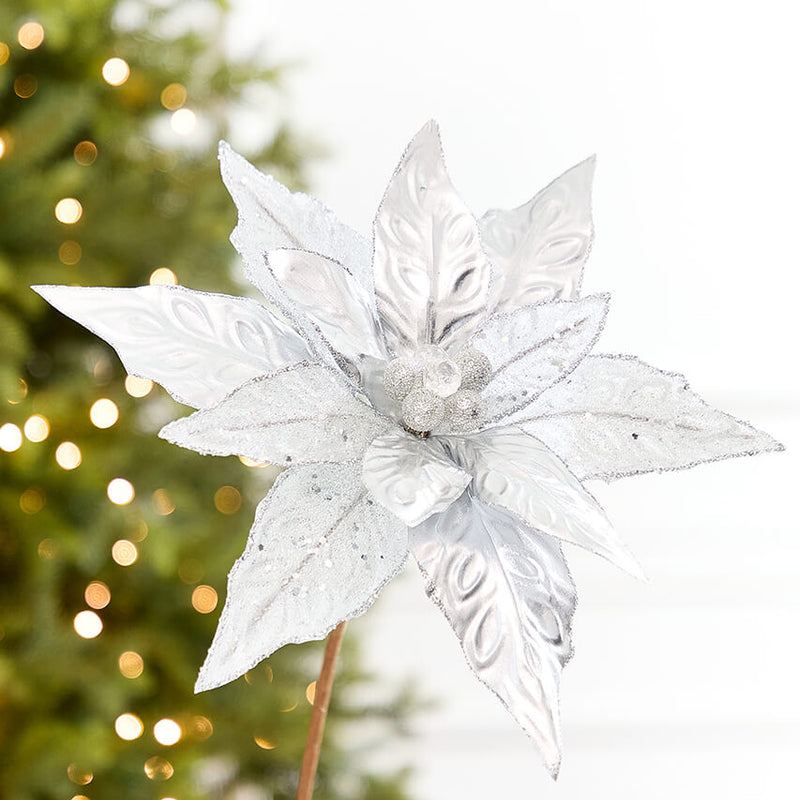 24" x 10" Silver Glitter Edge & Bead Poinsettia Stem