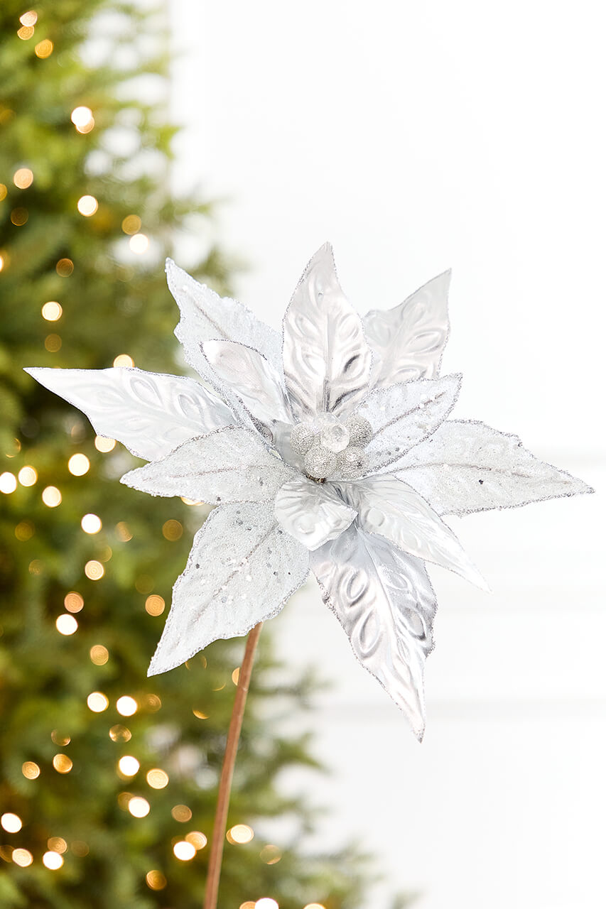 24" x 10" Silver Glitter Edge & Bead Poinsettia Stem