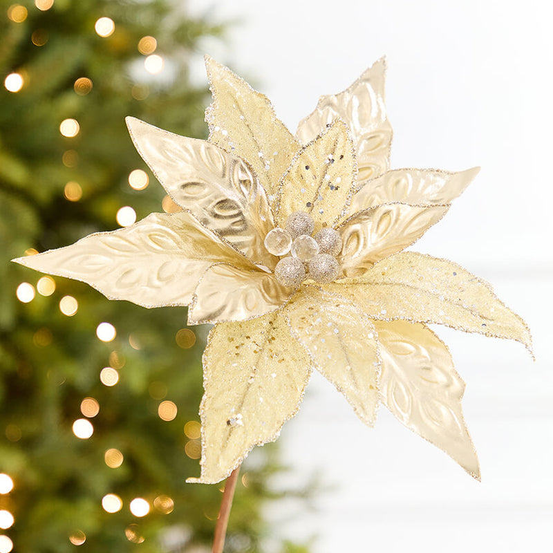 24" x 10" Champagne Glitter Edge & Bead Poinsettia Stem