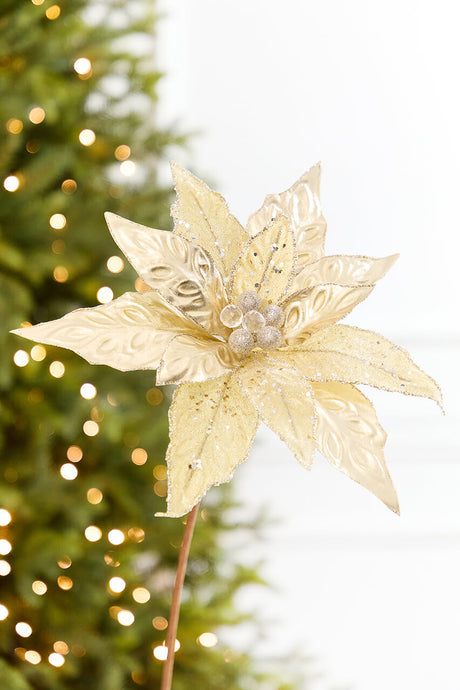 24" x 10" Champagne Glitter Edge & Bead Poinsettia Stem