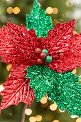 19" x 12" Red & Green Glitter Poinsettia Stem