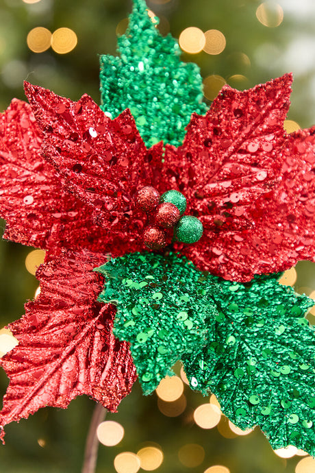 19" x 12" Red & Green Glitter Poinsettia Stem