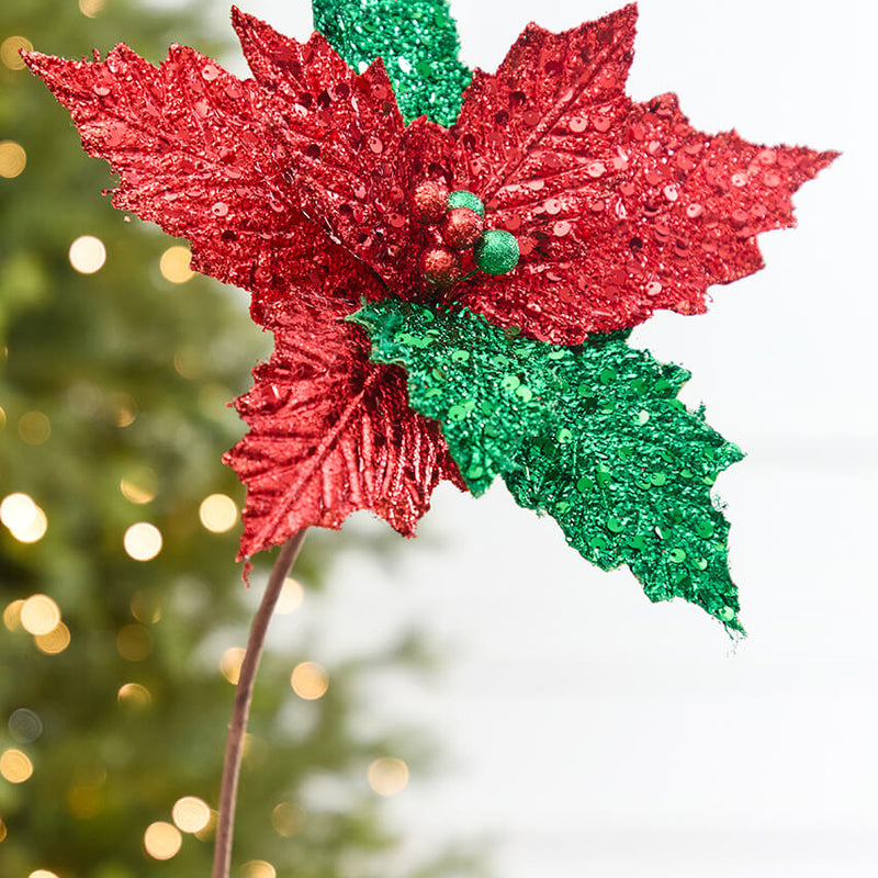 19" x 12" Red & Green Glitter Poinsettia Stem