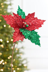 19" x 12" Red & Green Glitter Poinsettia Stem
