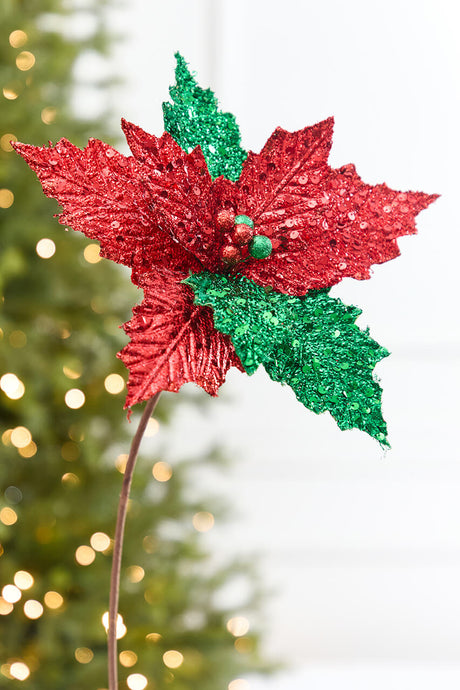 19" x 12" Red & Green Glitter Poinsettia Stem