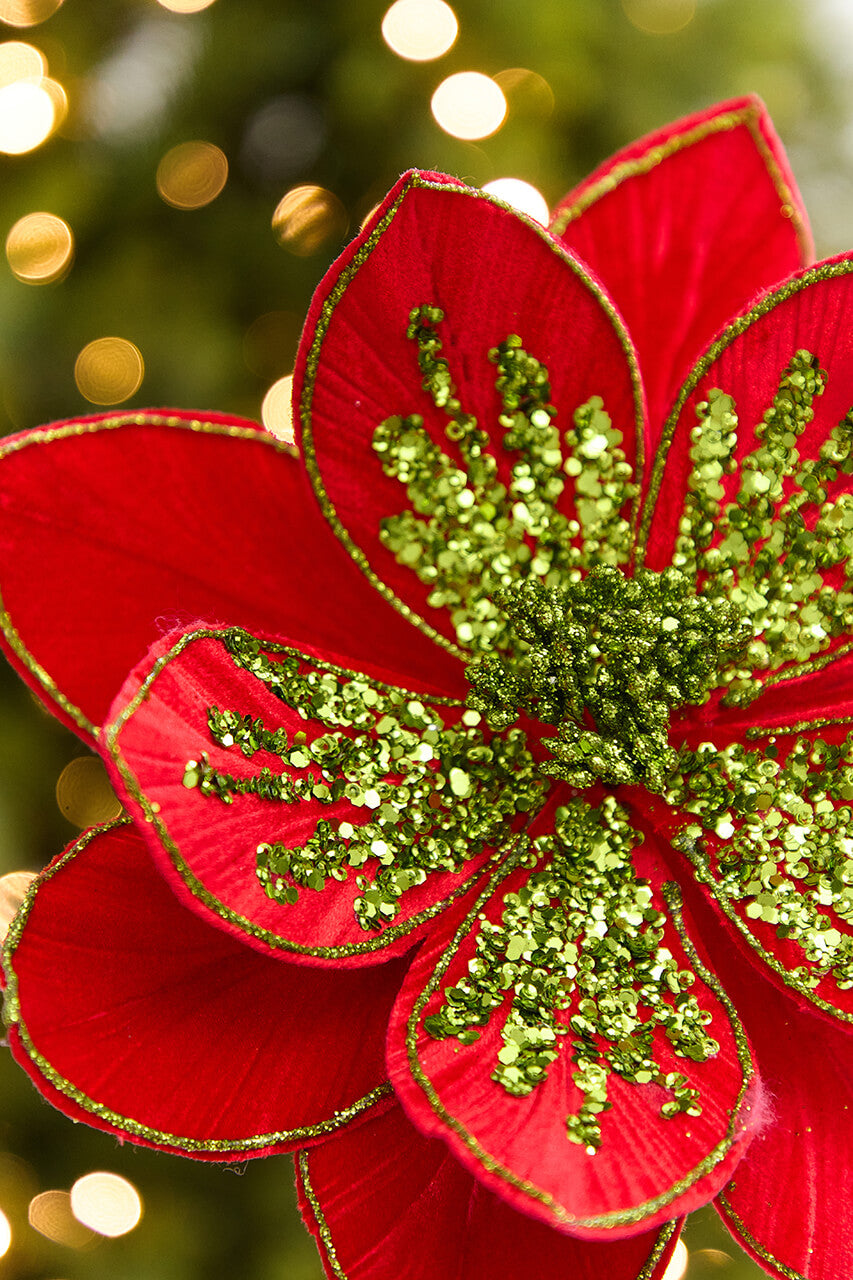 22" x 11" Red & Apple Green Glitter Poinsettia Stem