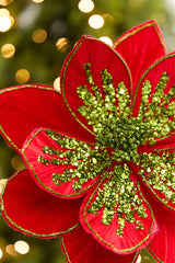 22" x 11" Red & Apple Green Glitter Poinsettia Stem