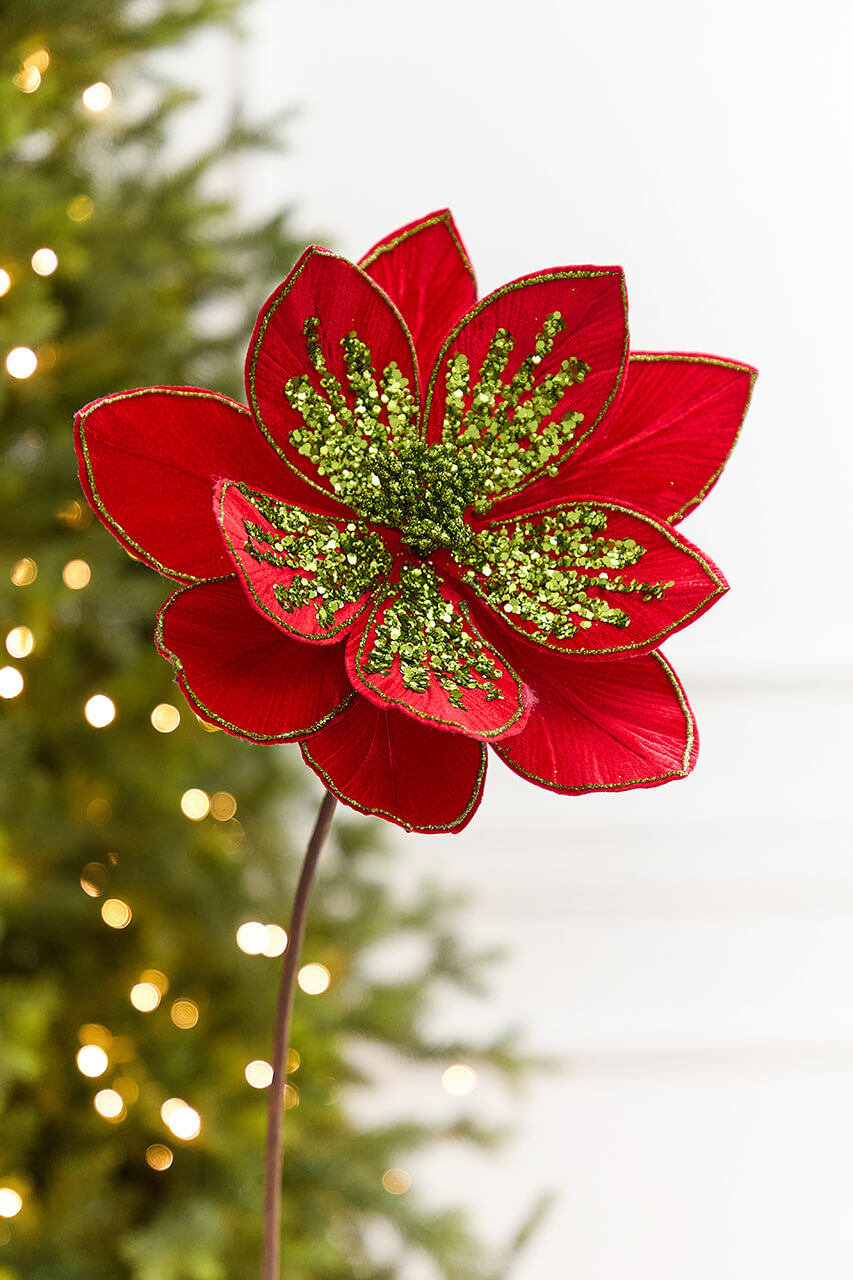 22" x 11" Red & Apple Green Glitter Poinsettia Stem