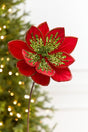 22" x 11" Red & Apple Green Glitter Poinsettia Stem