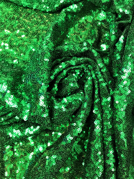 Kelly Green Glitz Sequins Polyester Mesh Fabric - Kelly Green, Mini Metallic Disc Sequins, 52/54" Width