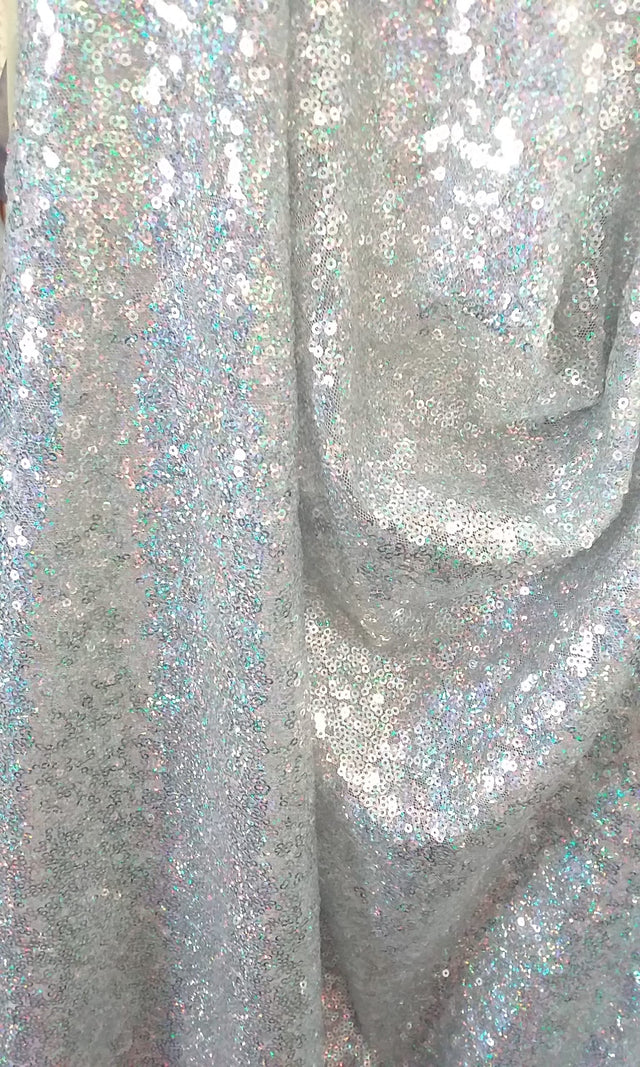Hologram Silver Polyester Fabric - Mini Metallic Disc Sequins, Silver, 52/54" Width (1 Yard)