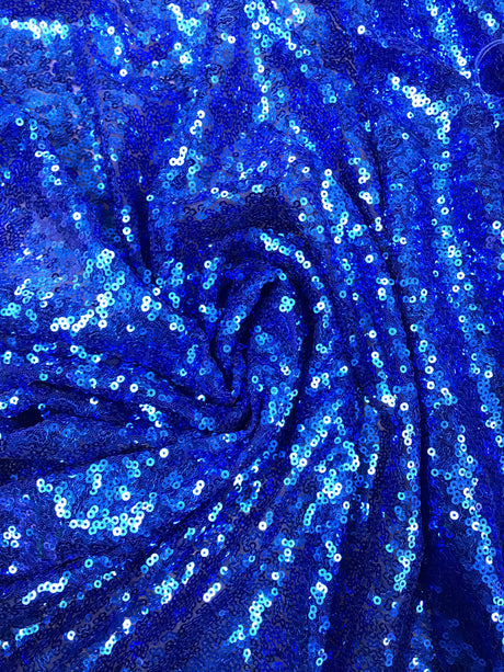 Royal Glitz Sequins Polyester Mesh Fabric - Royal Blue Mini Metallic Disc Sequins, 52/54" Width