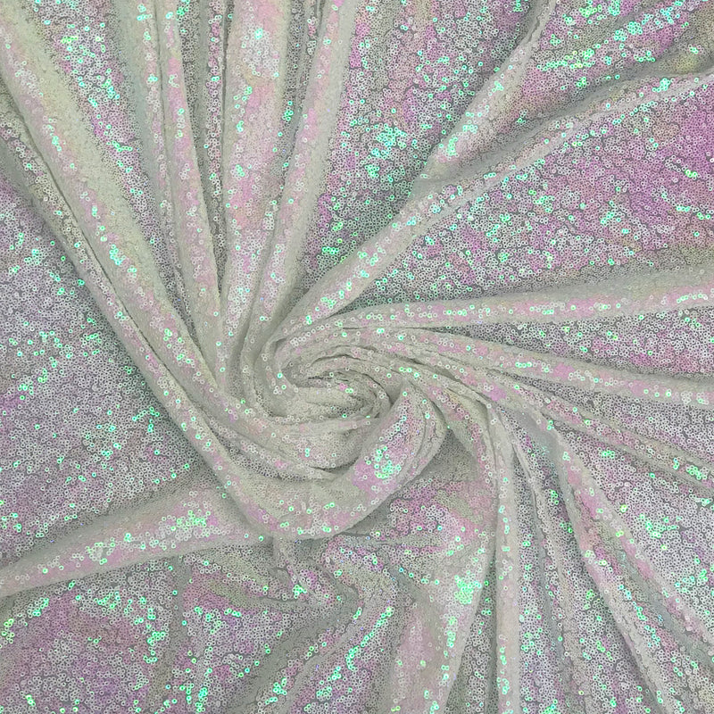 Iridescent White Unicorn Polyester Fabric - White, Mini Metallic Disc Sequins, 52/54" Width
