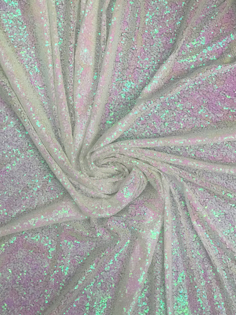 Iridescent White Unicorn Polyester Fabric - White, Mini Metallic Disc Sequins, 52/54" Width