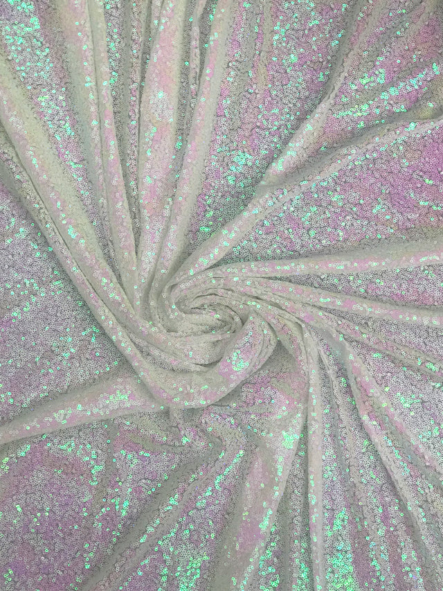 Iridescent White Unicorn Polyester Fabric - White, Mini Metallic Disc Sequins, 52/54" Width