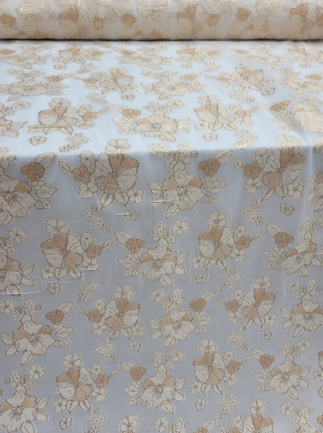 Brocade Floral Gold On White Organza Fabric