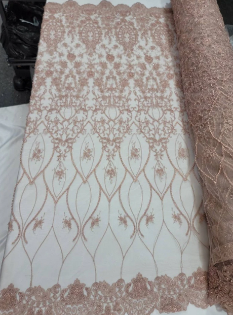 Beaded Lace Fabric Rose Gold Floral Embroidery Sequin