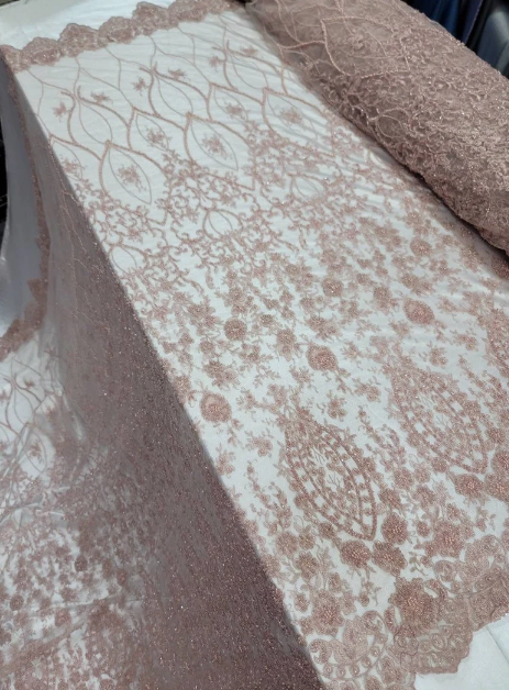 Beaded Lace Fabric Rose Gold Floral Embroidery Sequin