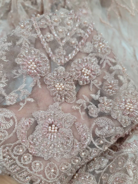 Beaded Lace Fabric Rose Gold Floral Embroidery Sequin