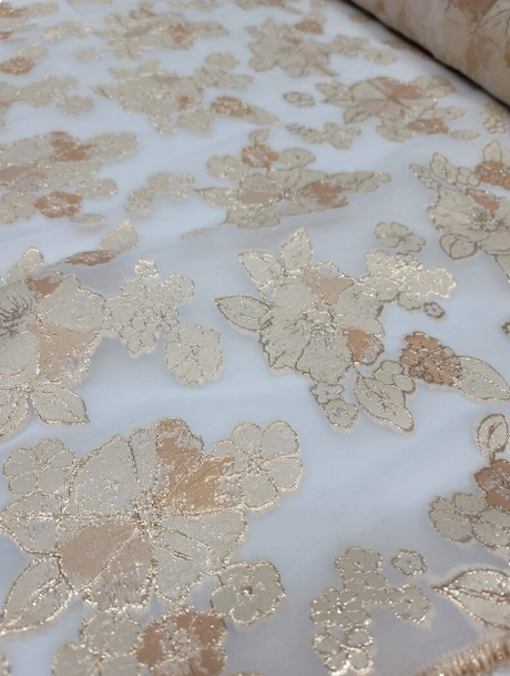 Brocade Floral Gold On White Organza Fabric