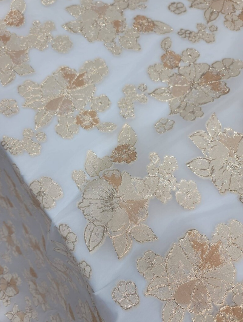 Brocade Floral Gold On White Organza Fabric