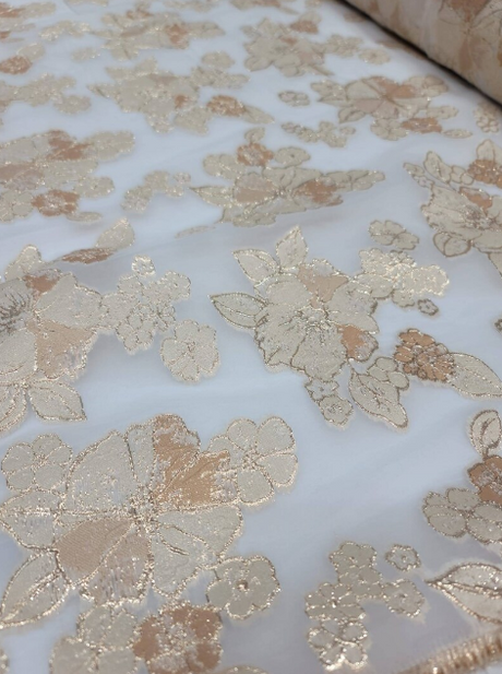 Brocade Floral Gold On White Organza Fabric