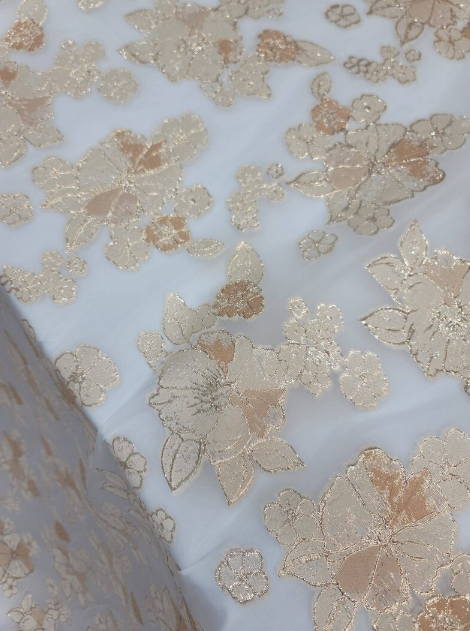 Brocade Floral Gold On White Organza Fabric
