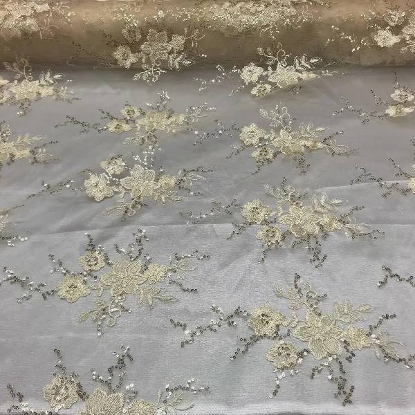 Floral Mesh Lace Fabric - Sequin Embroidery, Royal Blue, 52" Width