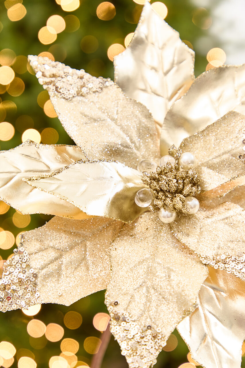 22" x 11” Gold Metallic Glitter Poinsettia Stem